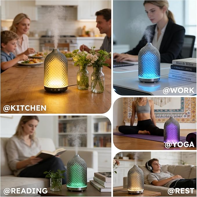 Essential Oil Diffuser 150ml, Glass Aromatherapy Diffuser with Ultrasonic Cool Mist, 7 Color LED Lights, 1/2/4H Timer, Quiet Auto Shut-Off Oil Diffuser for Bedroom, Home, Office (Silvery)