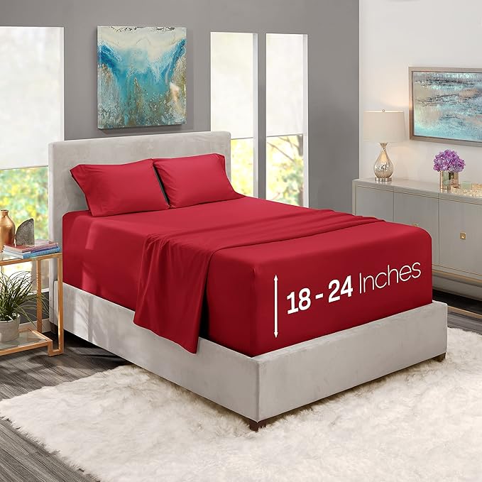 Nestl King Size Sheet Set, 4 Piece Extra Deep Pocket (18-24 inches), Microfiber, Hotel Luxury, Soft, Breathable, Wrinkle-Free, Easy to Care, Burgundy Red