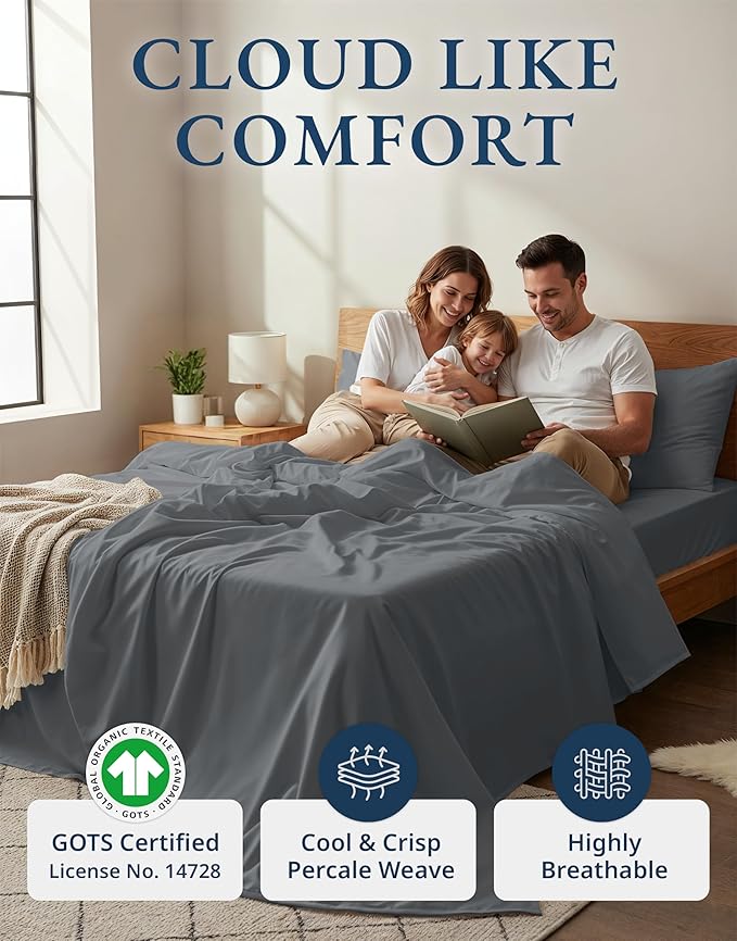 LANE LINEN 100% Organic Cotton Full Size Sheets, Hotel Like Crisp Percale Low Pill Fade Resistant Reinforsed Seam Cotton Sheets, Naturally Cooling 15" Deep Pocket Full Bedding Set- Charcoal