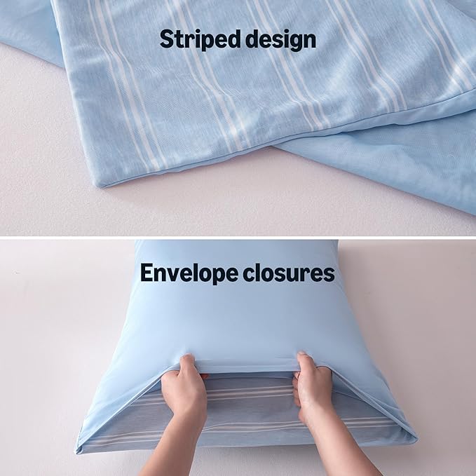 Amazon Basics Stripe Cooling Pillow Cases for Hot Sleepers, Soft Cooling Pillow Covers with Envelope Closure, 20" x 26", Standard, Blue, Pack of 2