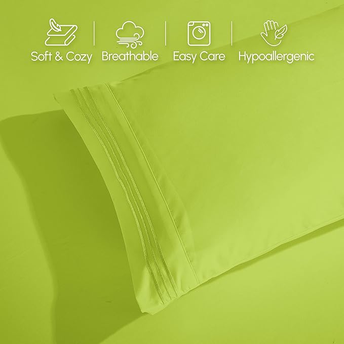 Elegant Comfort Luxurious 1500 Premium Hotel Quality Microfiber Three Line Embroidered Softest 5-Piece Bed Sheet Set, Wrinkle and Fade Resistant, Split King, Lime