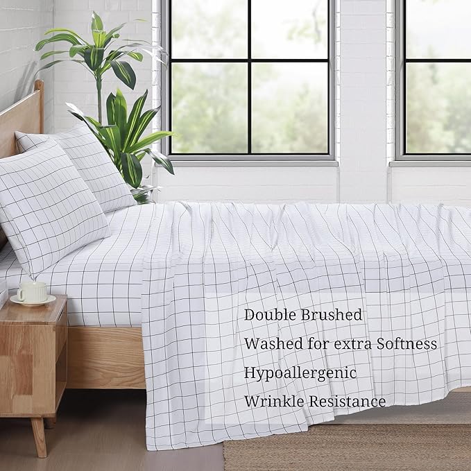 Casa Platino Bed Sheets California King Size, Pre-Washed Ultra Soft & Breathable California King Bed Sheets Set, 100% Hydro-Brushed Microfiber Cooling Sheets Deep Pocket - Windowpane