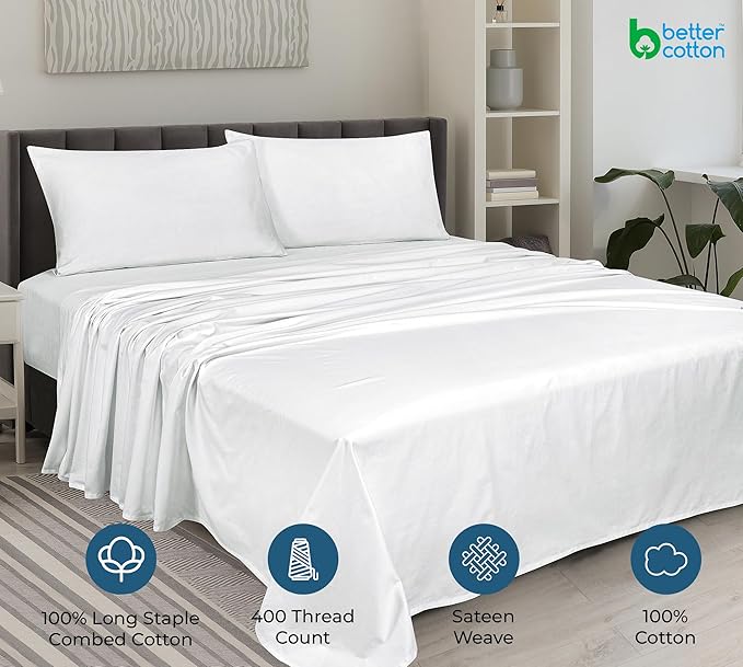 Royale Linen 400 Thread Count 100% American Grown Cotton 4 Piece Sateen Queen Sheet Set - 1 Fitted Sheet, 1 Flat Sheet, 2 Pillow case - White Queen Bedsheet - Cotton Sheets - (Queen, Signature White)