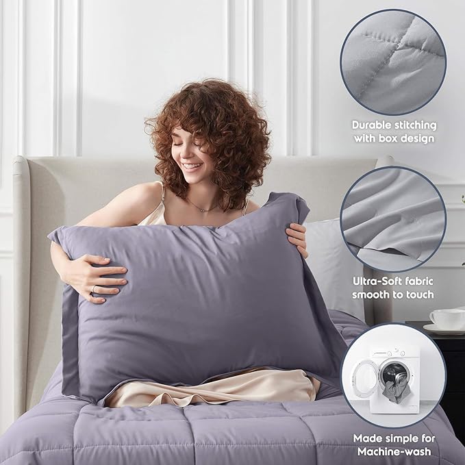 Nestl 7 Piece Twin XL Comforter Set – Grayish Purple Reversible Bed in a Bag – Complete Twin XL Size Bedding Set with Sheets, Set of 2 Down Alternative Pillows, Pillowcase and Sham