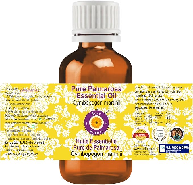 Deve Herbes Pure Palmarosa Essential Oil (Cymbopogon martinii) Steam Distilled 100ml (3.38 oz)