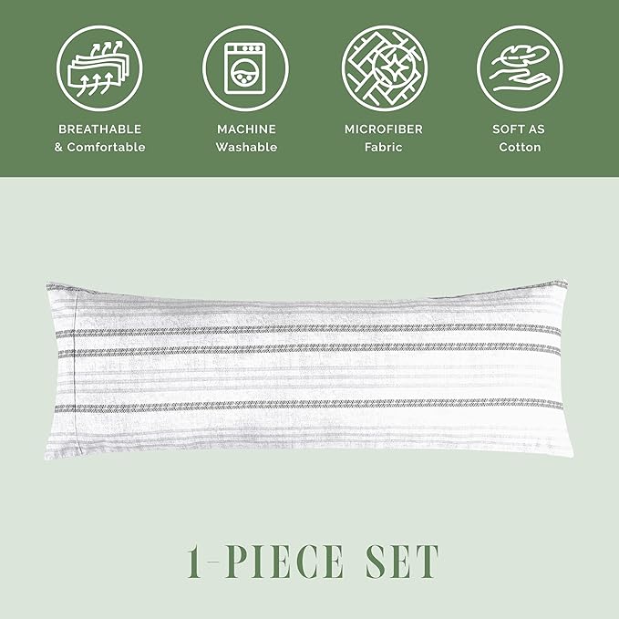 Elegant Comfort Ultra Soft 1-Piece Set Striped Print Pillowcases - 1500 Premium Hotel Quality Microfiber, Soft and Smooth Hidden Zipper Closure 1-Piece Pillow Covers - Body Pillowcase, Traci Gray