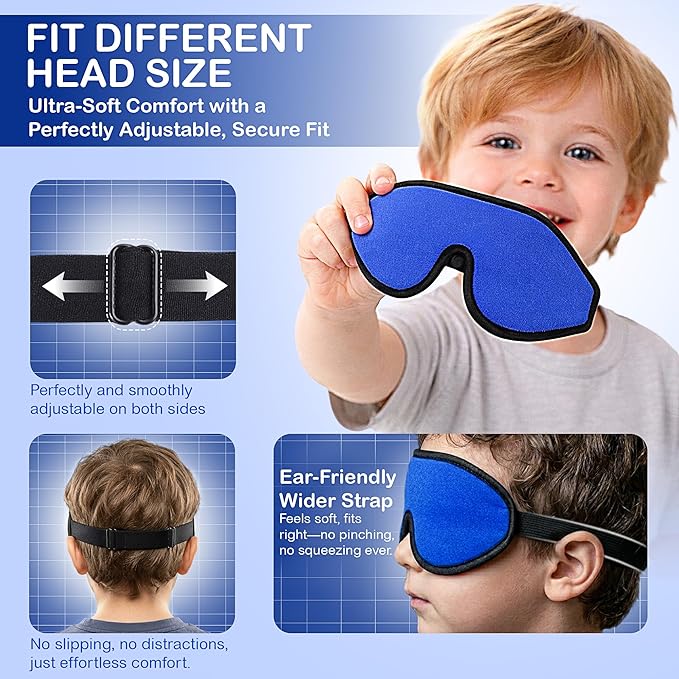 3D Sleep Mask for Kids, Light Block Sleeping Blindfold Memory Foam Contoured Eye Mask for Sleep, Adjustable Strap Eye Cover and Travel Sleep Mask for Boys Girls, Dark Blue