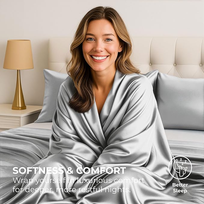 Satin Sheets King [4-Piece, Grey] Hotel Luxury Silky Bed Sheets - Extra Soft 1800 Microfiber Sheet Set, Wrinkle, Fade, Stain Resistant - Deep Pocket Fitted Sheet, Flat Sheet, Pillow Cases