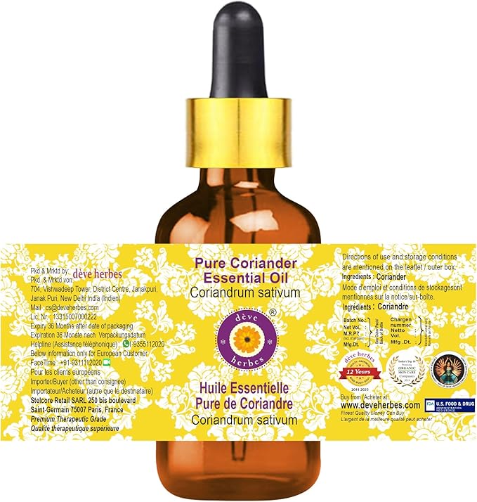 Deve Herbes Pure Coriander Essential Oil (Coriandrum sativum) with Glass Dropper Steam Distilled 10ml (0.33 oz)