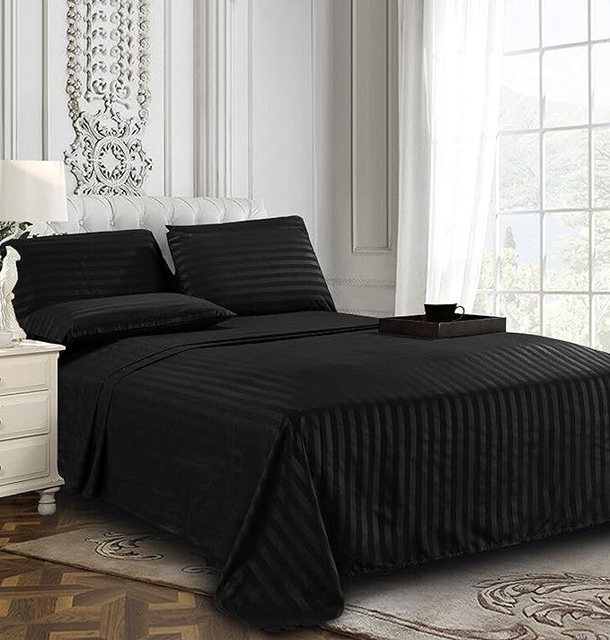 Elegant Comfort Softest and Coziest 4-Piece Sheet Set - 1500 Premium Hotel Quality Microfiber - Luxurious Wrinkle Resistant 4-Piece Damask Stripe Bed Sheet Set, Twin, Black