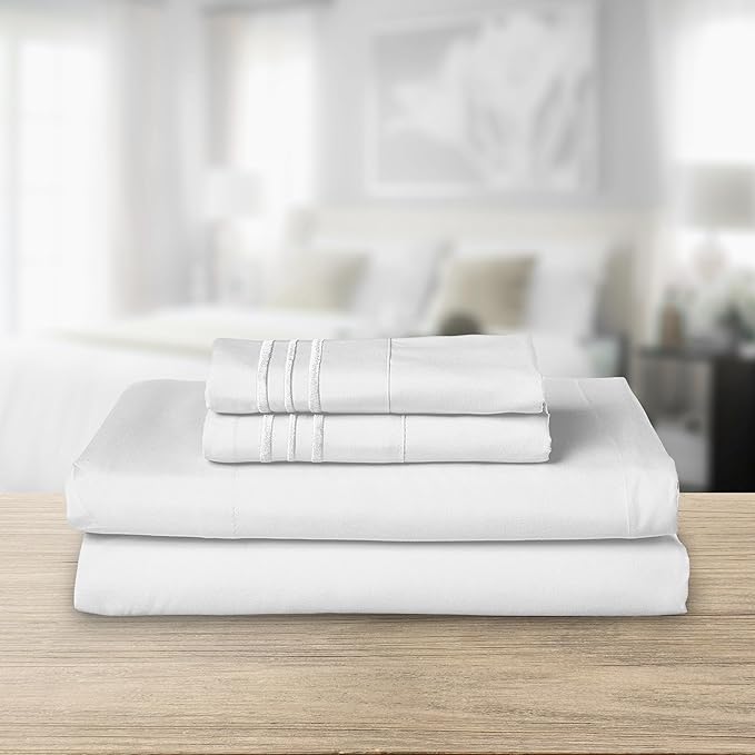 Elegant Comfort Luxurious 1500 Premium Hotel Quality Microfiber Three Line Embroidered Softest 4-Piece Bed Sheet Set, Wrinkle and Fade Resistant, Queen, White