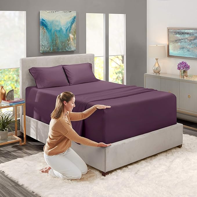 Nestl Queen Size Sheet Set, 4 Piece Extra Deep Pocket (18-24 inches), Microfiber, Cooling, Hotel Luxury, Soft, Breathable, Wrinkle-Free, Easy to Care, Purple