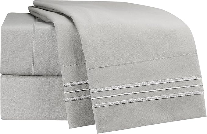 Clara Clark Bed Sheets, Premier 1800 Series 4 Piece Bed Sheet Set, Deep Pocket, Wrinkle, Fade, Stain Resistant, Luxury Soft Bedding Sheets & Pillowcases, Twin-XL, Silver Gray