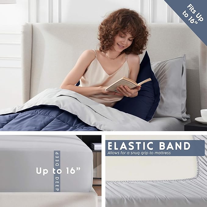 Nestl 7 Piece Twin XL Comforter Set – Navy Reversible Bed in a Bag – Complete Twin XL Size Bedding Set with Sheets, Set of 2 Cooling Pillows, Pillowcase and Sham