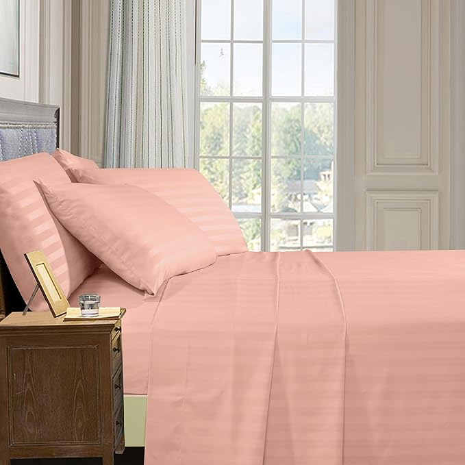 Elegant Comfort Softest and Coziest 4-Piece Sheet Set - 1500 Premium Hotel Quality Microfiber - Deep Pocket, Wrinkle Resistant 4-Piece Damask Stripe Bed Sheet Set, Twin XL, Dusty Rose