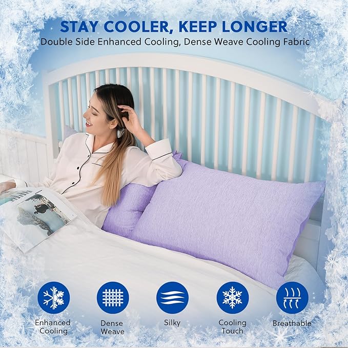HOMFINE Cooling Pillowcases King Size - Double Side Q-Max 0.439 Cooling Fiber for Pillow Protector, Breathable Cold Pillow Cover for Hot Sleeper Night Sweat, Hidden Zipper, 2 Pack (20"x36", Purple)
