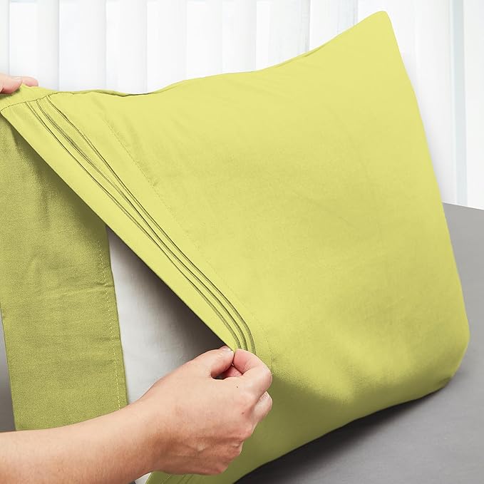 Mocassi 2-Piece Premium Standard/Queen Pillowcase Set 1800 Series Hotel Quality Microfiber - Soft and Breathable with 3-Line Embroidery Wrinkle and Stain Resistant, Easy Care, 20" x 30", Olive Green