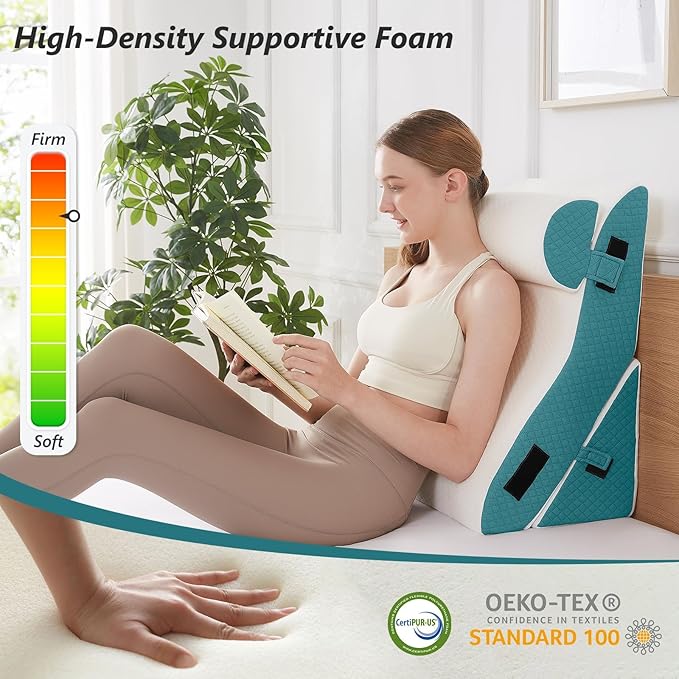 Bed Wedge Pillow Set for Sleeping 3 PCS - 16.5" Wide Triangle Pillow for Back Leg Pain Relief with Washable Cover - 35D Foam Wedge Pillow Post Surgery for Acid Reflux & Snoring (White Blue)