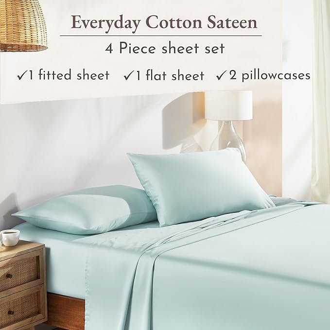 California Design Den King Sheets Set - Natural 100% Cotton Sheets King Size with Deep Pockets, Soft Sateen Weave, Breathable and Durable Bedding Set (Seafoam)