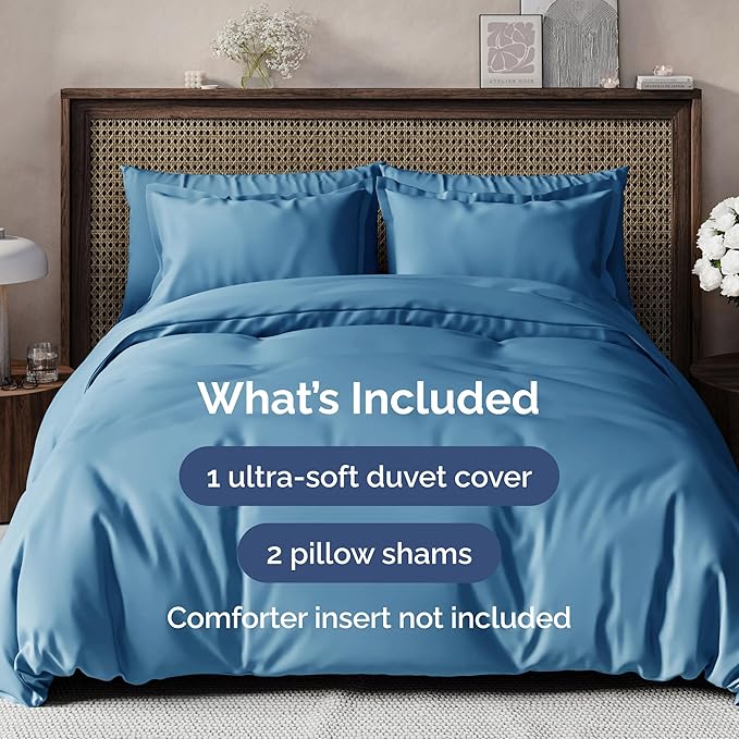 Duvet Cover Cal King Size Set - Extra Soft Cal King Duvet Cover 104" x 98" with 2 Pillow Shams - Hotel Luxury, Easy Care & Fade Free w/ Zipper Closures & Ties - Comfy, Cozy & Breathable (Denim Blue)