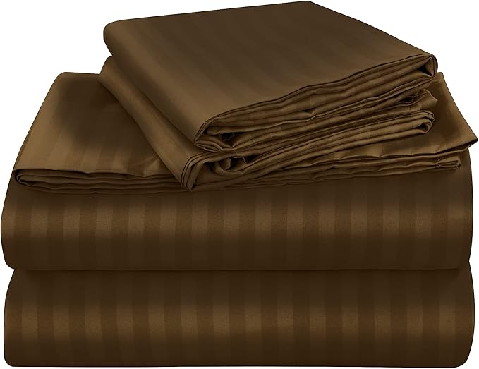 ROYALE LINENS 4 Piece King Sheets Set - Soft Brushed 1800 Microfiber - 1 Fitted, 1 Flat Sheet, 2 Pillow Cases - Wrinkle Free & Fade Resistant - Hotel Luxury Bed Sheets (Stripe Chocolate, King)