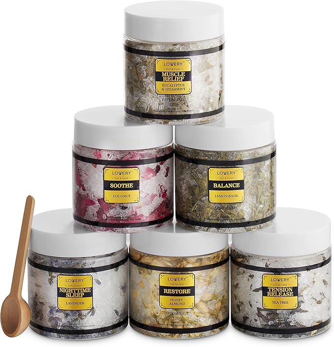 Mothers Day Gifts for Mom, Epsom Bath Salts Gift Basket Set, Self Care Salt with Essential Oil, Gifts for Women, Her, Mother, Lavender, Eucalyptus, Lemon, Coconut, Tea Tree, Honey Almond