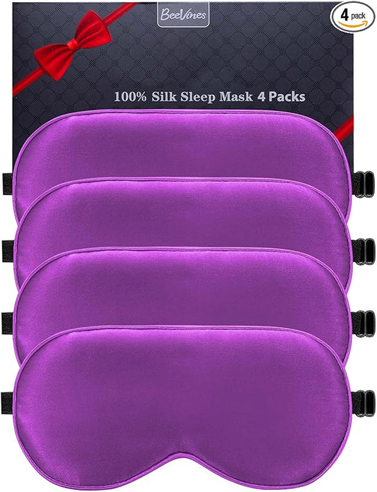 BeeVines Sleep Mask, 4 Packs 100% Real Natural Pure Silk Eye Masks with Adjustable Strap for Sleeping, Mulberry Silk Eye Sleep Shade Cover, Block Light Reduces Puffy Eyes Traveling Gifts(Purple)
