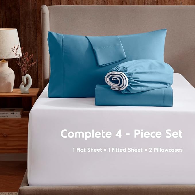 Nestl Extra Deep Twin Sheet Set - 4 Piece Breathable & Cooling Sheets - Hotel Luxury Bedding Set w/18-24 Inch Deep Pockets - Easy & Secure Fit - Super Soft, Wrinkle Free & Comfy - Blue Heaven