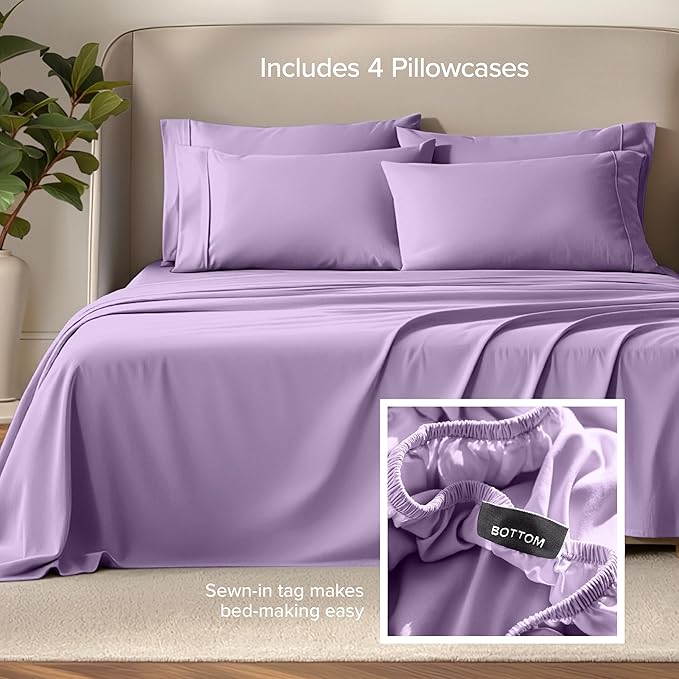 Bare Home Hotel Luxury Queen Sheet Set, Extra Soft - 6 Piece Set - Deep Pockets - Easy Fit - Cooling & Breathable - Wrinkle, Fade, Stain Resistant - Includes 4 Pillowcases (Queen, Lavender)