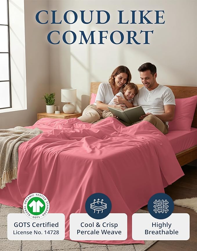 LANE LINEN Eco Friendly 100% Organic Cotton Twin Bed Sheet Set, Soft & Breathable Fully Elasticized Mercerized Cotton Twin Size Bedding Sheets & Pillowcase Set, Deep Pocket Bed Sheets - Mineral Red