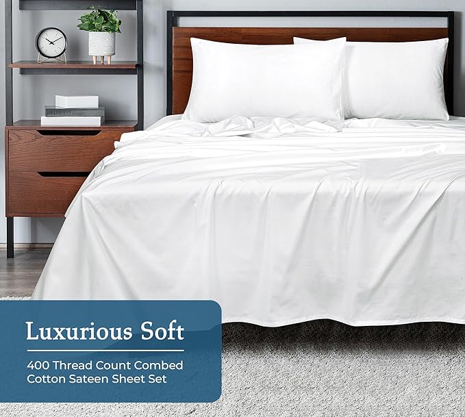 Royale Linen 400 Thread Count 100% American Grown Cotton 4 Piece Sateen Queen Sheet Set - 1 Fitted Sheet, 1 Flat Sheet, 2 Pillow case - White Queen Bedsheet - Cotton Sheets - (Queen, Signature White)