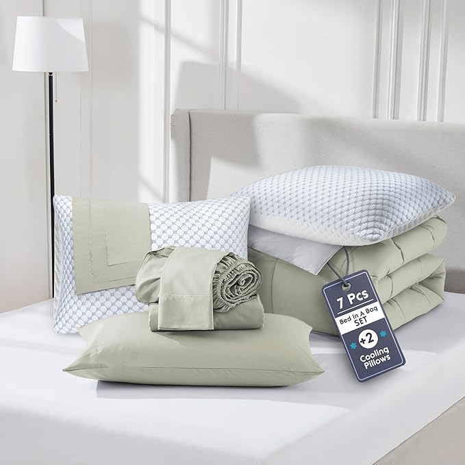 Nestl 9 Piece King Comforter Set – Light Sage Reversible Bed in a Bag – Complete King Size Bedding Set with Sheets, Set of 2 Cooling Pillows, Pillowcases and Shams