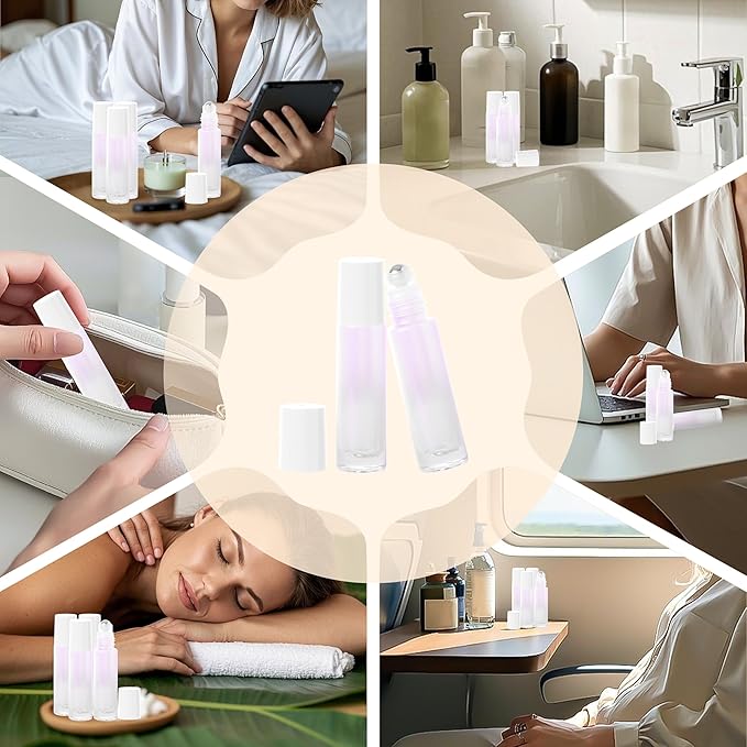 SESENSE Essential Oil Roller Bottles, 10ml Thick Glass Perfume Roller Bottles with Funnel Opener and Dropper Colored Glass Empty Bottles with Stainless Steel Roller Balls (White, 4 Pack)