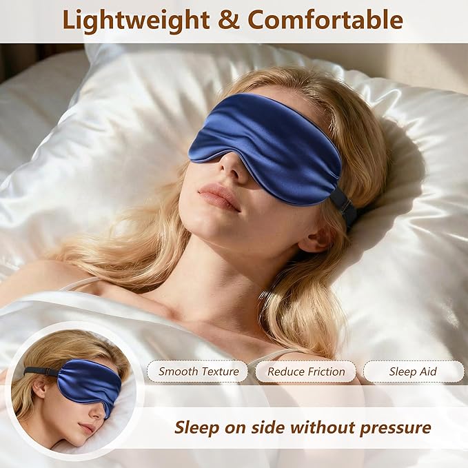 Sleep Mask Silk Eye Mask for Men Sleeping Mask, Adjustable Elastic Strap for Night Shading Sleep Mask, Soft and Comfortable for Both Men and Women (Dark Blue, 2 Packs)