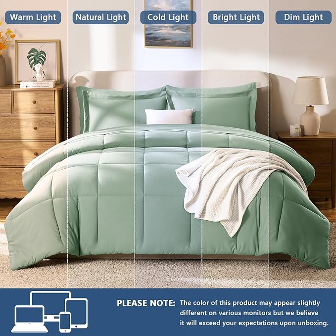 CozyLux King Size Comforter Set Sage Green - 7 Pieces Bed in a Bag King, Okeo-Tex Certifited Bedding Set, All Season Soft Bed Set with Down Alternative Comforter, Sheets, Pillowcases & Pillow Shams