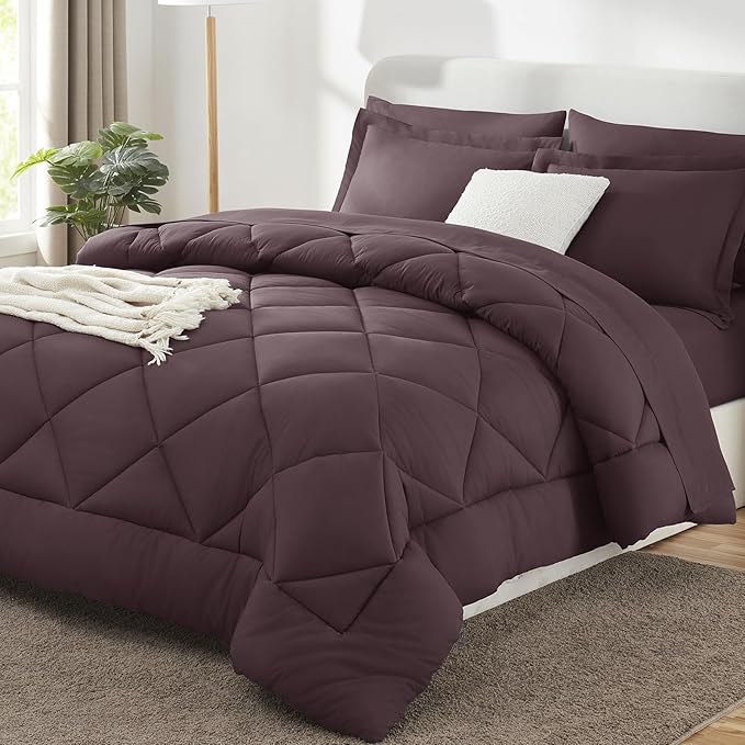 CozyLux Oversized Queen Comforter Set Cocoa Powder - 7 Pieces Bed in a Bag Comforter Set with Sheets, Luxury Soft Bed Set, Bedding Set with Down Alternative Comforter, Sheets, Pillowcases & Shams