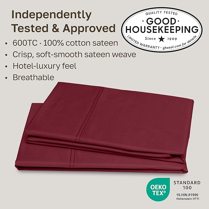 California Design Den King Size Pillow Cases Set of 2 - Luxuriously Soft Premium 600 Thread Count Sateen, 100% Cotton, Crisp Sateen, Fits King Pillows - Brick Red