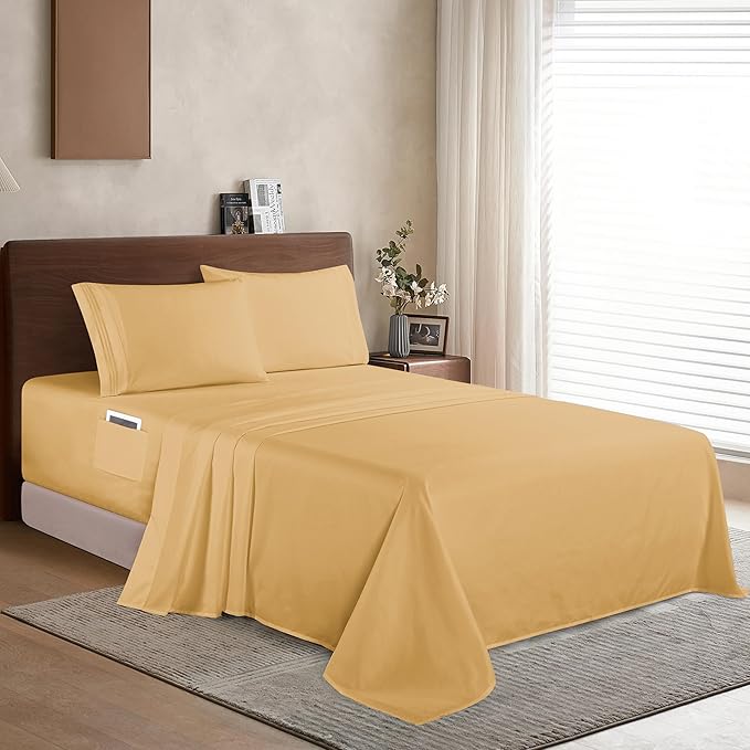 Elegant Comfort Luxury 1500 Premium Hotel Quality Microfiber 4-Piece Sheet Set - Soft, All Around Elastic 18-24 Inches Deep Fitted Sheet - Extra Deep Pocket Sheets, King, Camel-Gold