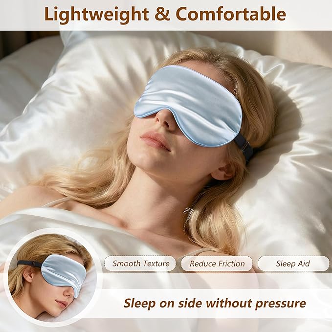 Sleep Mask Silk Eye Mask for Men Sleeping Mask, Adjustable Elastic Strap for Night Shading Sleep Mask, Soft and Comfortable for Both Men and Women (Light Blue, 3 Packs)