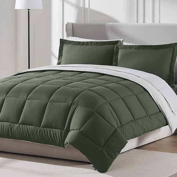 Nestl 9 Piece Queen Comforter Set – Olive Green Reversible Bed in a Bag – Complete Queen Size Bedding Set with Sheets, Set of 2 Cooling Pillows, Pillowcases and Shams