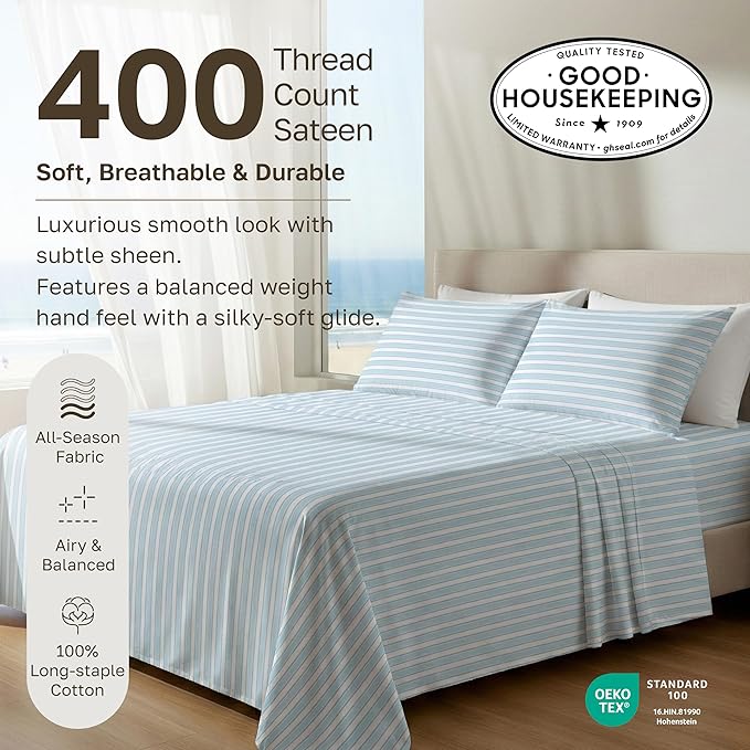 California Design Den Soft 100% Cotton Sheets Twin Size Set, 400 Thread Count Good Housekeeping Award Winner, Smooth Sateen Finish, Cozy and Durable Cotton Bedding Set - Cape Stripe Blue