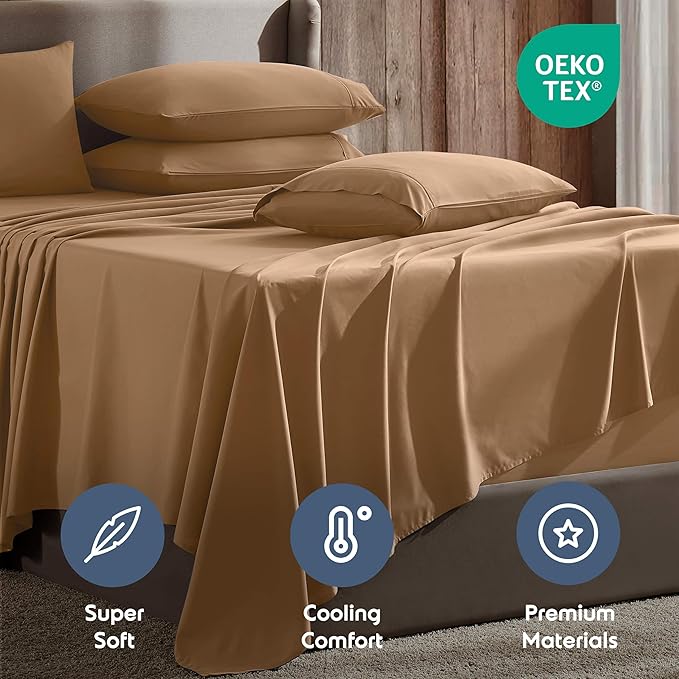 Nestl Extra Deep Cal King Sheet Set - 6 Piece Breathable & Cooling Sheets - Hotel Luxury Bedding Set w/18-24 Inch Deep Pockets - Easy & Secure Fit - Super Soft, Wrinkle Free & Comfy - Mocha Brown