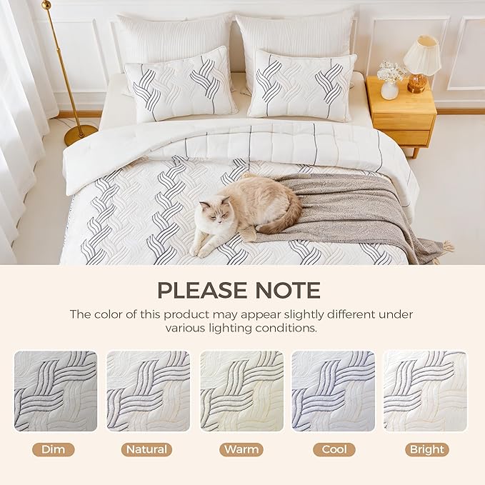 UNIKOME King Size Comforter Set White - Luxury Rope Embroidery Ultra Soft Lightweight Warm Bedding Set for All Seasons, 3 Pieces Down Alternative Bed Set with Comforter, 2 Pillowcases