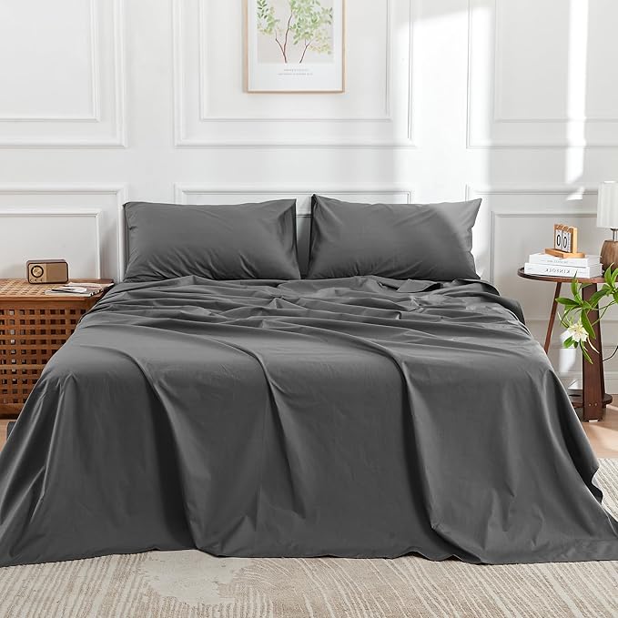 DOZ 100% Long Staple Cotton Sheet Sets, Classic Crisp Percale Weave, Breathable, Matte Finish, Hotel Style, Durable, 4pc – 2 Pillowcases 1 Fitted 1 Flat (Storm, King)