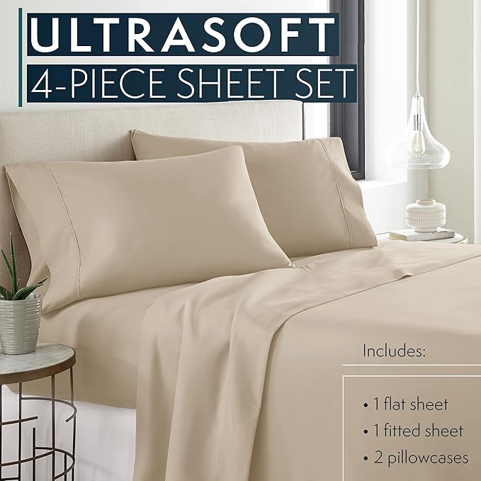 HC COLLECTION Bed Sheets Full Size Set, Hotel Luxury Platinum 1800 Series Brushed Microfiber Sheet w/Pillow Cases, Ultra Soft Lightweight 4 Pcs Bedding for Hot Sleepers Men Women Teens, Taupe