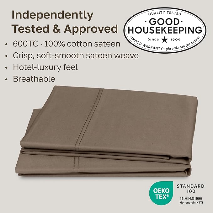 California Design Den Luxuriously Soft Premium 600 Thread Count, 100% Cotton King Size Pillowcases Set of 2, Crisp Fits King Size Pillows (Mushroom - Taupe Brown)