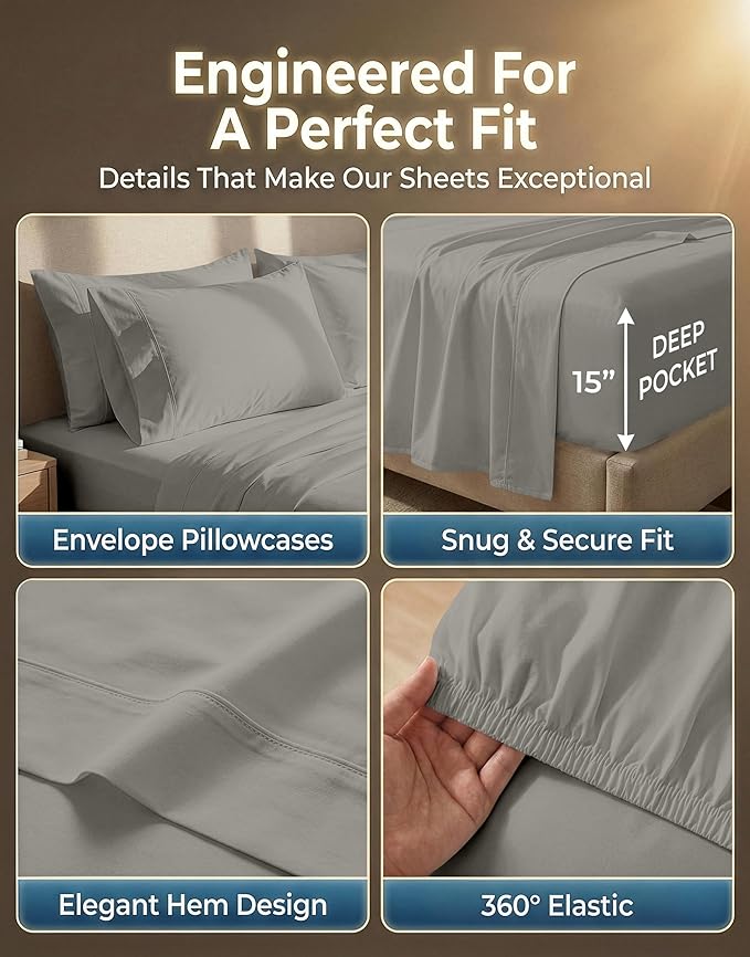 LANE LINEN Cal King Sheet Set - 600 Thread Count Premium Sateen Weave for Hotel Quality Softness - Extra Comy & Breathable Cotton Sheets for Luxury Guest Rooms - Oeko Tex Certified - Silver