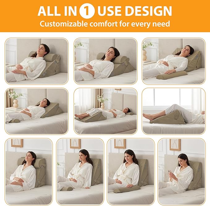Ruqmuis 3PCS Wedge Pillow Set for After Surgery, Adjustable 9&12 Inch Bed Wedge Pillow for Sleeping, Incline Pillow Wedge for Headboard, Post Surgery, Acid Reflux, Neck&Back Support, Plush Brown