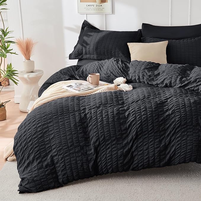 HYMOKEGE Black Oversized King Comforter Set Seersucker 7 Pieces, All Season Luxury Bed in a Bag for Bedroom, Bedding Set with Comforter, Sheets, Pillowcases & Shams