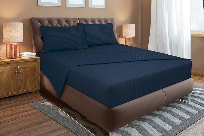 ROYALE LINENS 4 Piece Full Sheets Set - Soft Brushed 1800 Microfiber Bedding - 1 Fitted, 1 Flat Sheet, 2 Pillowcases - Wrinkle Free & Fade Resistant - Hotel Luxury Bed Sheets (Stripe Navy, Full)